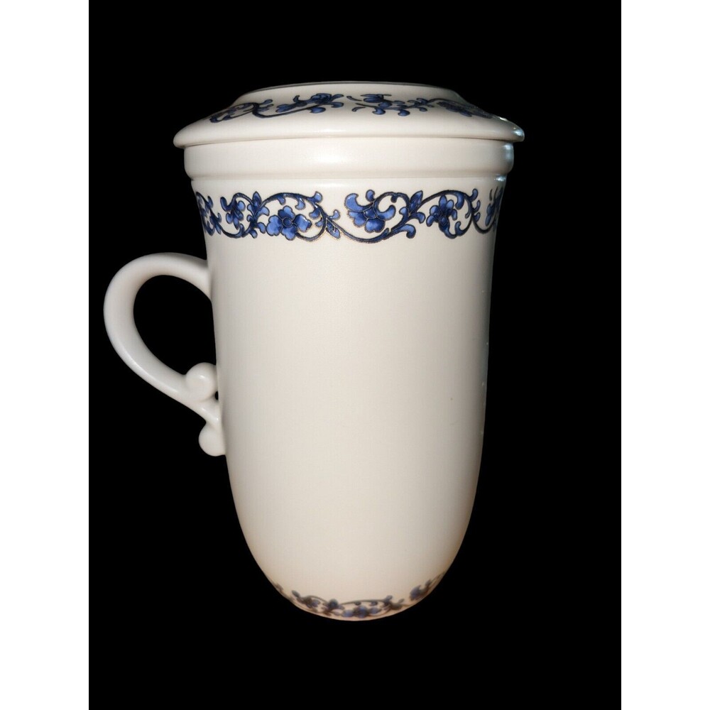 Teavana Tea Cup Mug WITH Lid & Infuser Blue  White Gold 12 oz